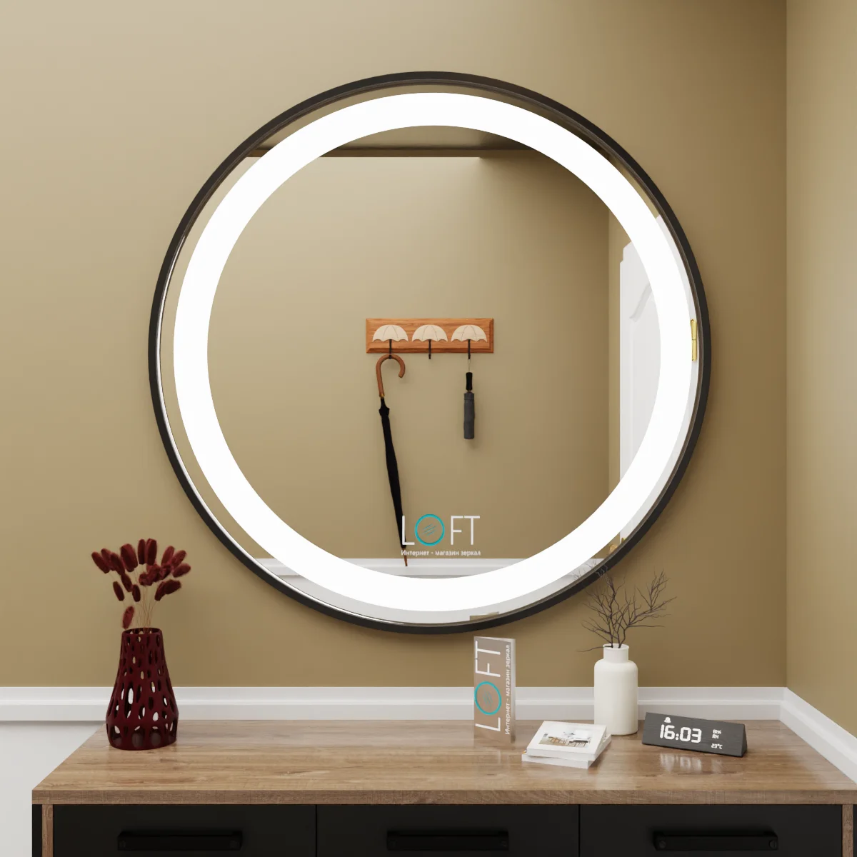 Круглое зеркало в металлической раме с лицевой подсветкой